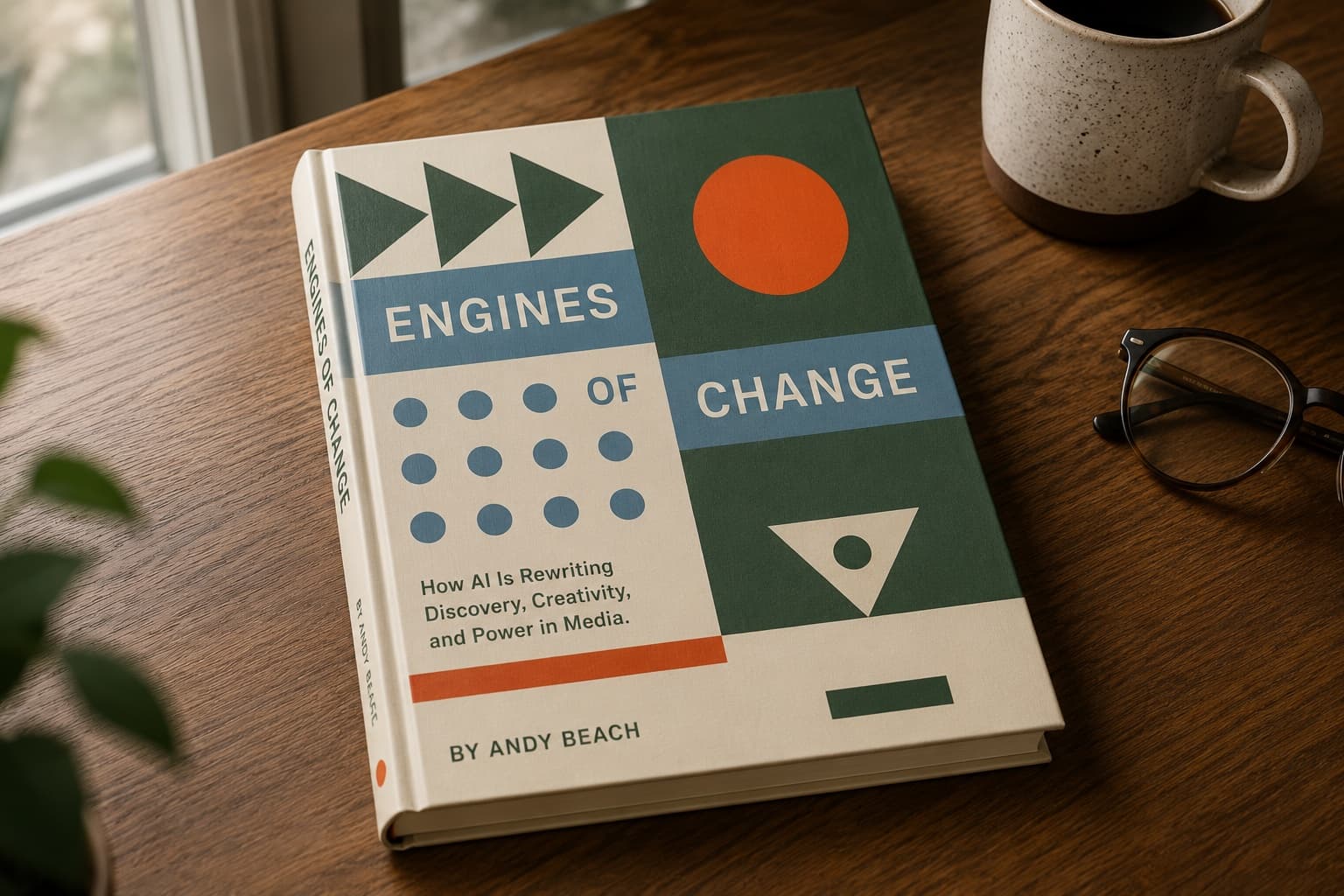 Engines of Change book on a wooden desk beside a coffee mug and reading glasses