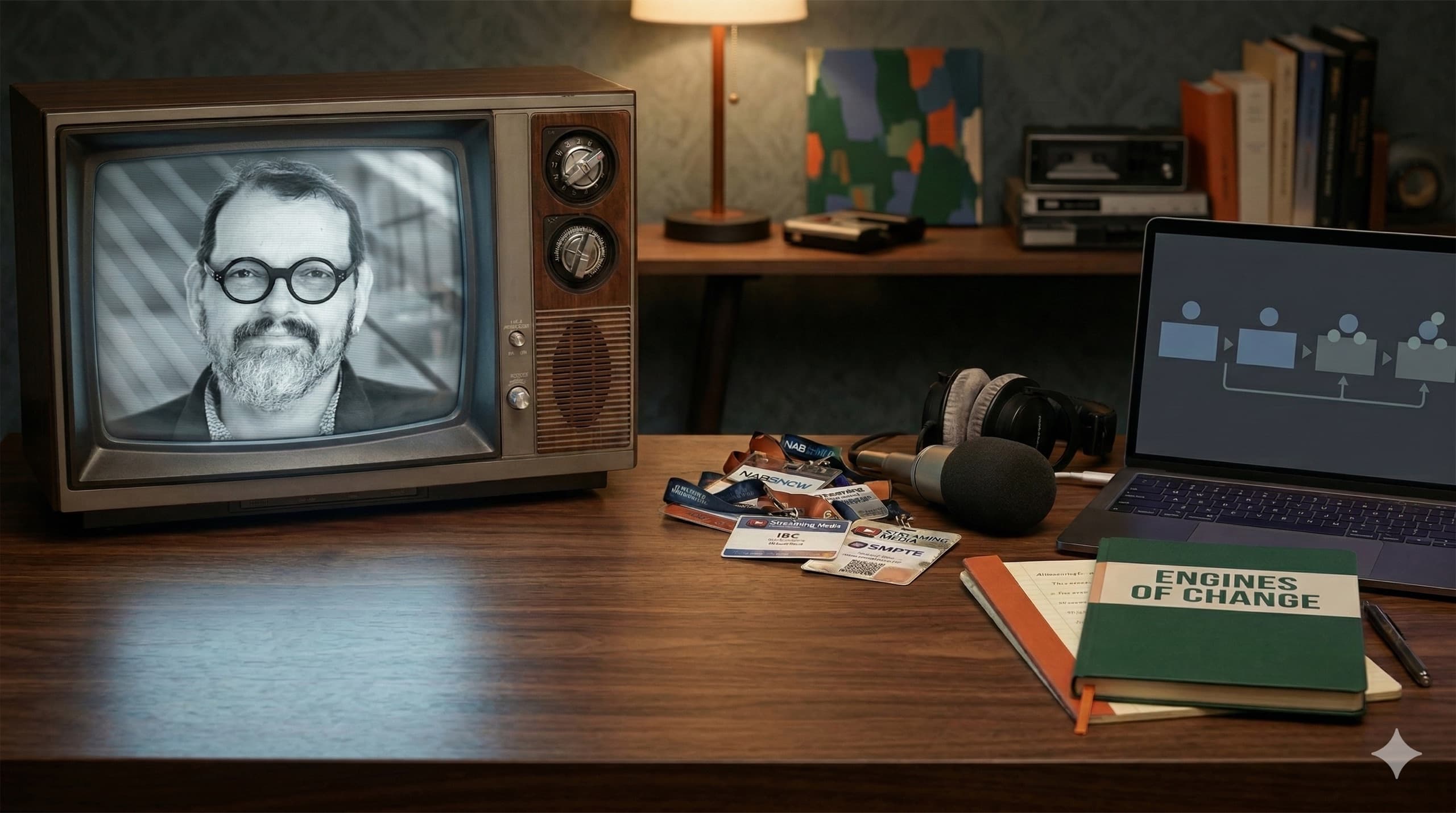 Andy Beach — desk scene with vintage television, Engines of Change notebook, headphones, NAB badges, and laptop