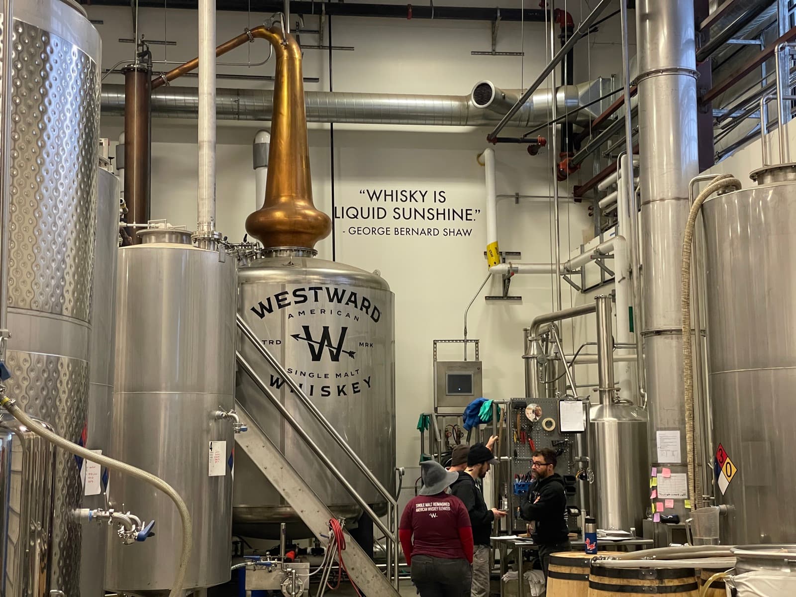 Inside a working distillery: copper still and steel tanks at Westward Whiskey