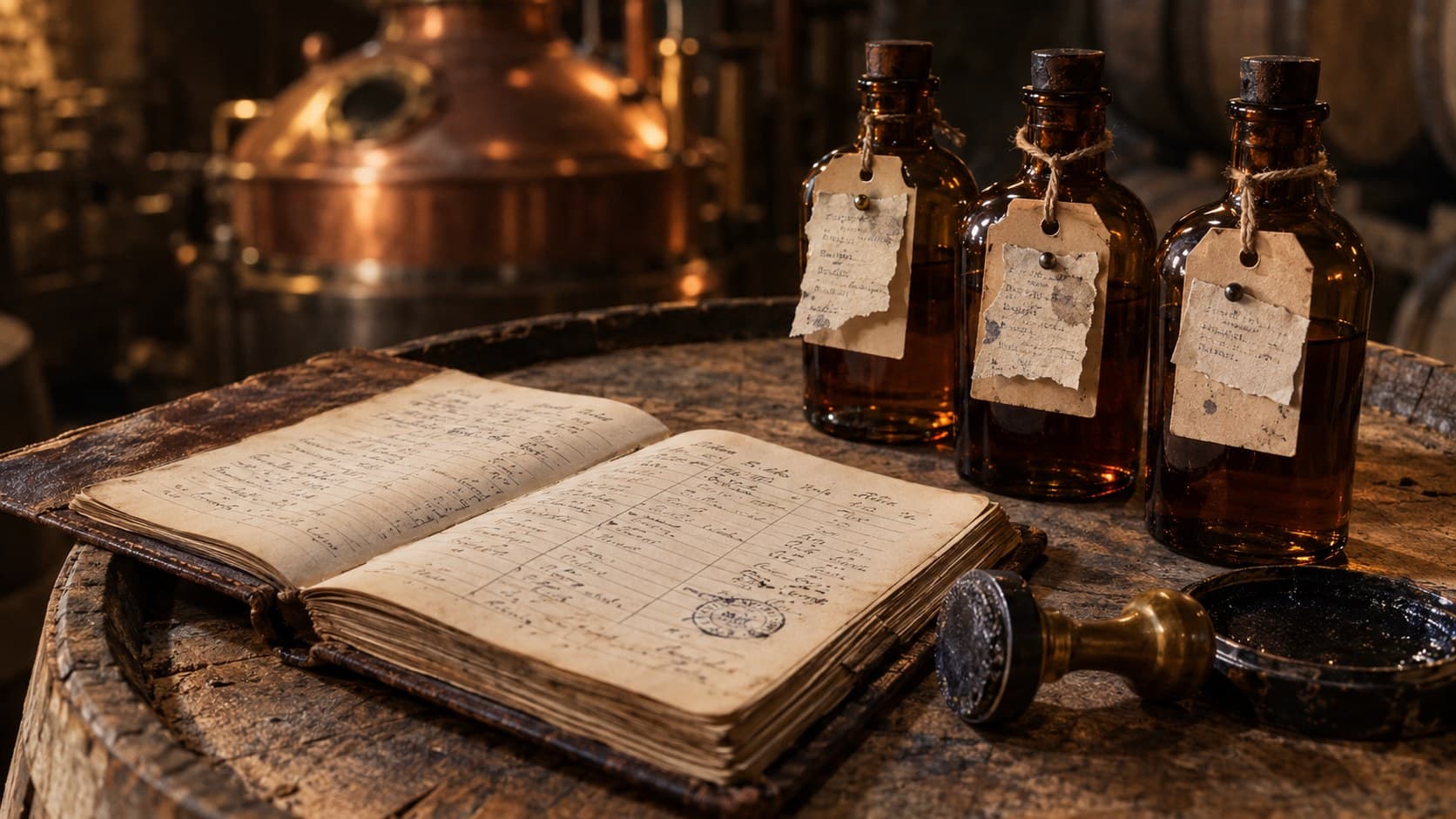 A cellar master's ledger open on a barrel head beside tagged sample bottles, a brass stamp and ink pad, copper still behind