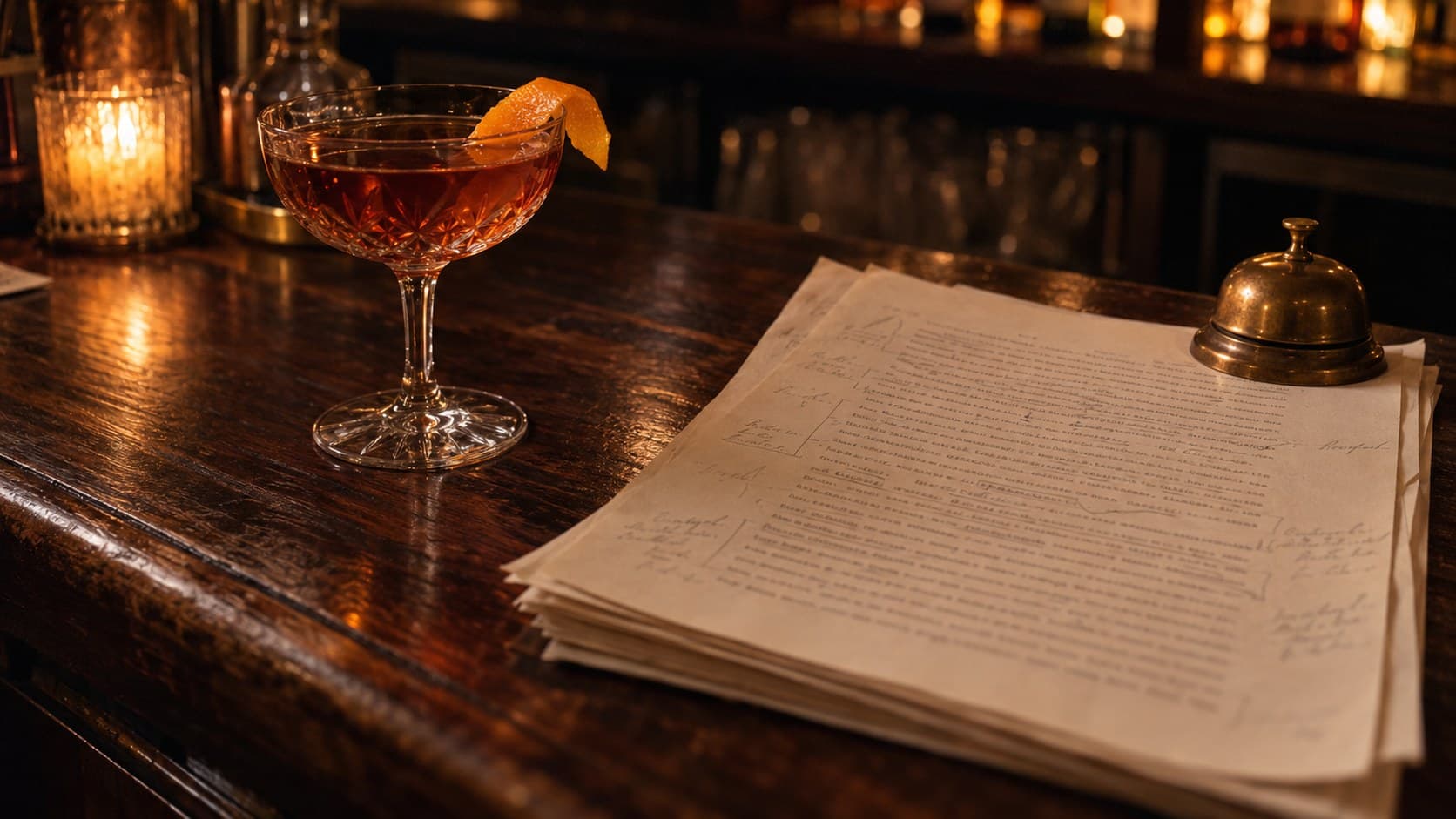A stirred cocktail in a crystal coupe beside an annotated manuscript and a brass service bell on a dark wood bar